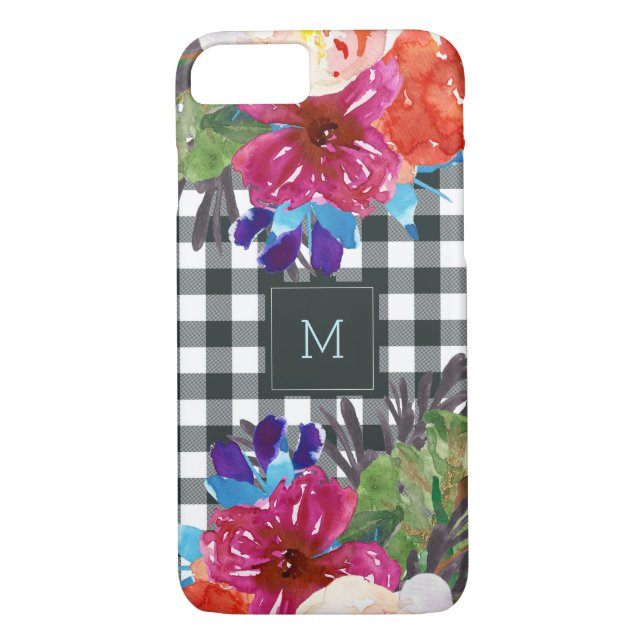 Vattenfärgblommigt och svartGingham med monogramen Case-Mate iPhone Skal (Baksida)