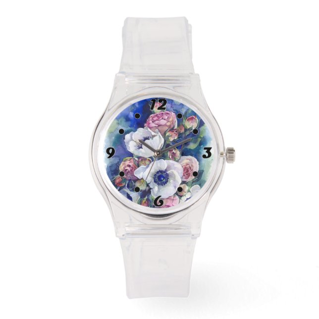 Vattenfärgblommor anemone ro illustrationsflöde armbandsur (Framsida)