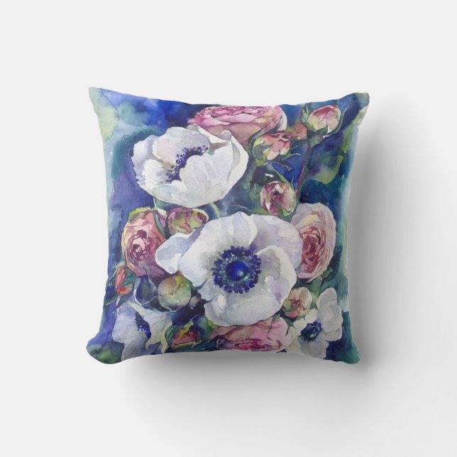 Vattenfärgblommor anemone ro illustrationsflöde kudde (Framsida)