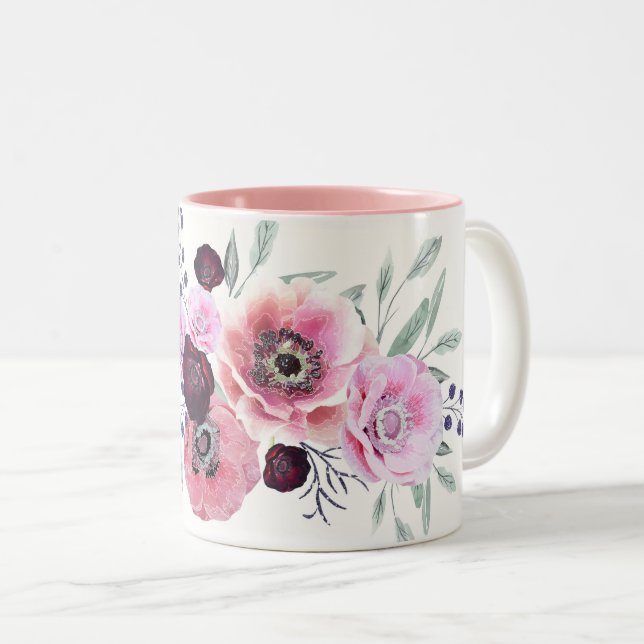 Vattenfärgblommor av burgundisk rosa Två-Tonad mugg (Framsida höger)