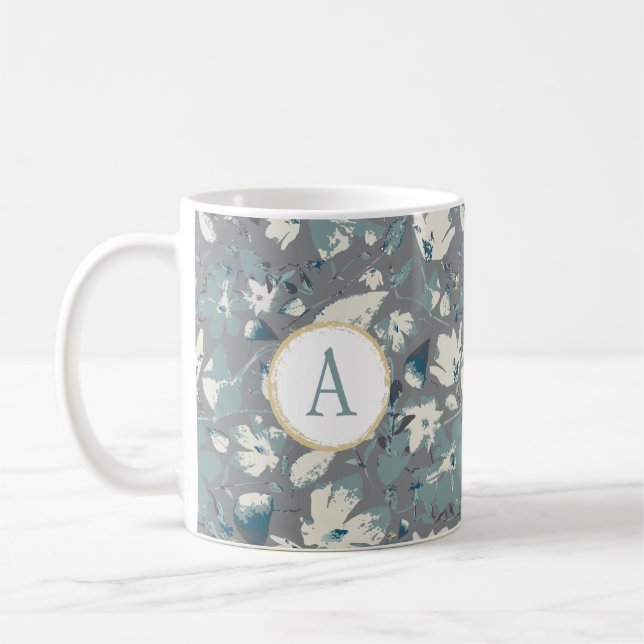 Vattenfärgblommor Clematis Gray Blue Monogram Kaffemugg (Vänster)