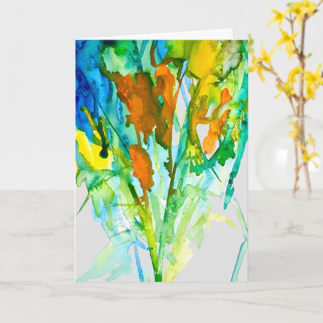 Vattenfärgblommor i blommigten abstrakt kort (Gul blomma)