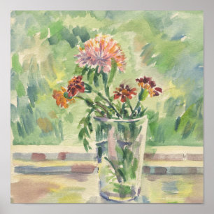 Vattenfärgblommor i ett glas som inte är ett fönst poster