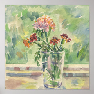 Vattenfärgblommor i ett glas som inte är ett fönst poster