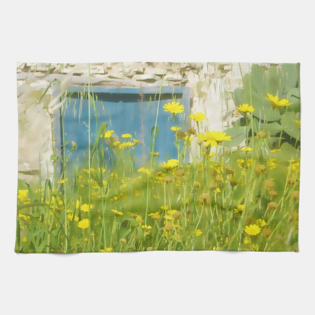 Vattenfärgblommor i gult kökshandduk (Horisontell)