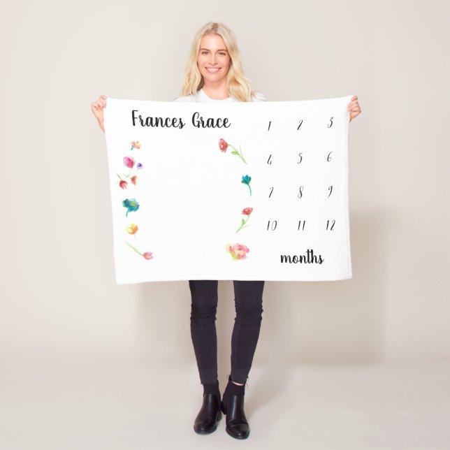 Vattenfärgblommor i milstolpen baby fleecefilt (På plats)