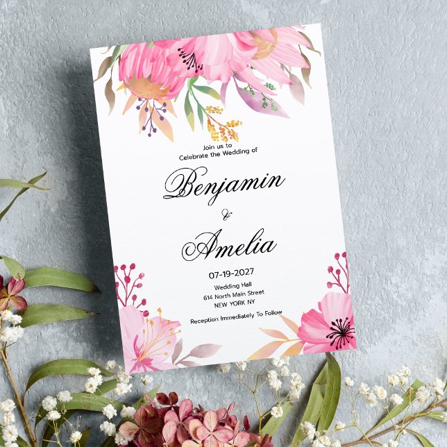 Vattenfärgblommor i rosa orange Bröllop Inbjudningar (Botanic pink orange watercolor flowers Wedding)