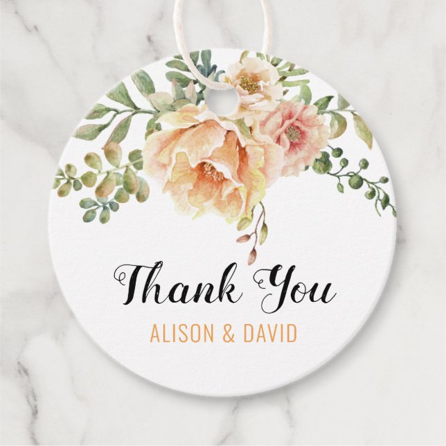 Vattenfärgblommor, kalligrafi bröllop Tack Gåvor Etiketter (Framsida)