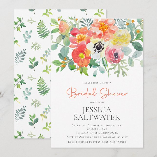 Vattenfärgblommor, möhippa inbjudningar (Fram/baksida)