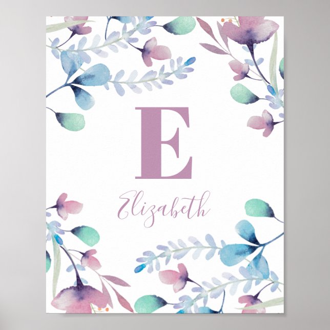 Vattenfärgblommor, monogram.. Flicka. Nursery Poster (Framsidan)