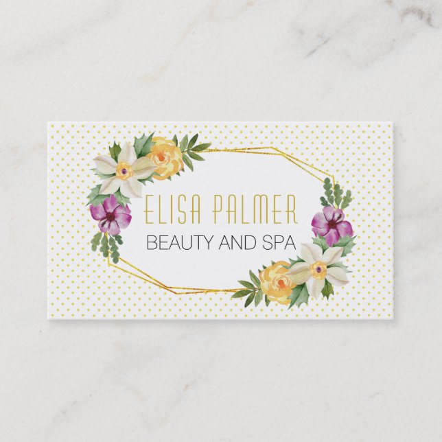 Vattenfärgblommor och guld-polygonblommigt visitkort (Framsida)
