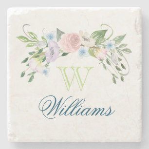 Vattenfärgblommor och Monogram Underlägg Sten