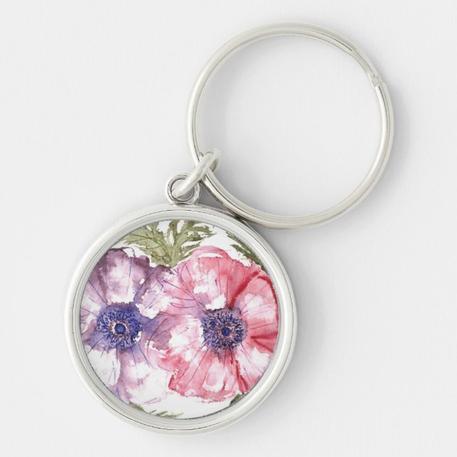 Vattenfärgblommor Rund Silverfärgad Nyckelring (Framsidan)