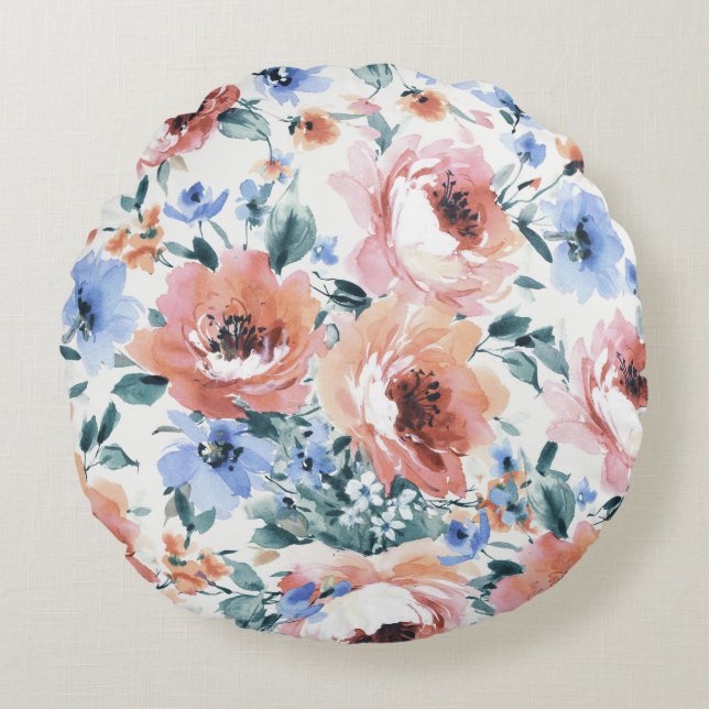 Vattenfärgblommor, sömlös illustration av mönster. rund kudde (Framsidan)