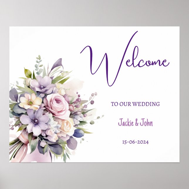 Vattenfärgblommor. Välkomstskylt från bröllop. Poster (Framsidan)