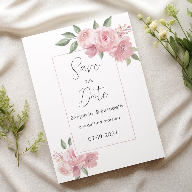 Vattenfärgbotaniska ämnen rosa blommor Spara datum Inbjudningar (Watercolor botanicals pink flowers Save the Date)