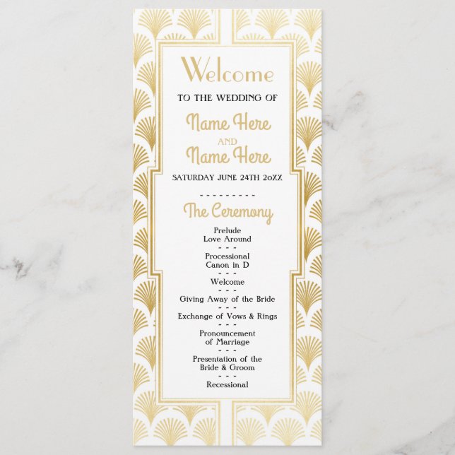 Vattenfärgbröllopsprogram 1920-talets Art Deco Gul Program (Framsida)