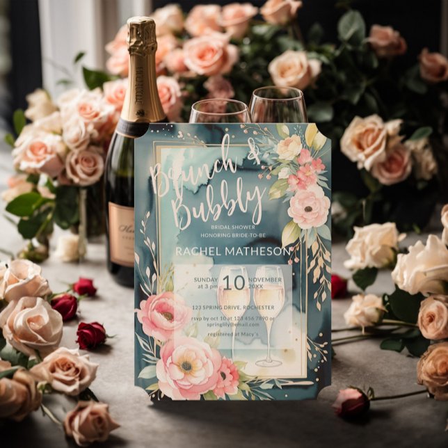 Vattenfärgbrunch och bubbelfärgad möhippa inbjudningar (Brunch and bubby bridal shower invitation featuring watercolor floral and champagne glasses.)