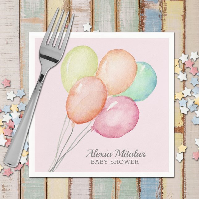 Vattenfärgbubblor på Rosa Baby Shower Pappersservett (Watercolor Balloons Girl Baby Shower Pink Napkins)