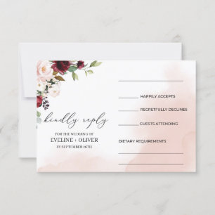 Vattenfärgburgundär rosa blommigt boho bröllop OSA kort
