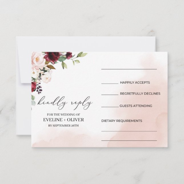 Vattenfärgburgundär  rosa blommigt boho bröllop OSA kort (Framsida)