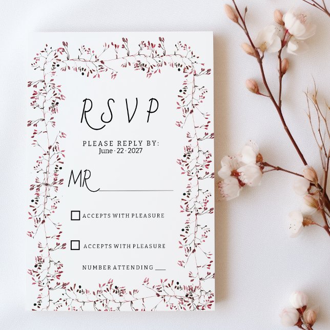 Vattenfärgburgundär rosa blommigt löv OSA Inbjudningar (Watercolor burgundy pink floral leaf RSVP)