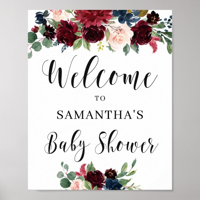 Vattenfärgburgundi djup röd marin blommigt baby poster (Framsidan)