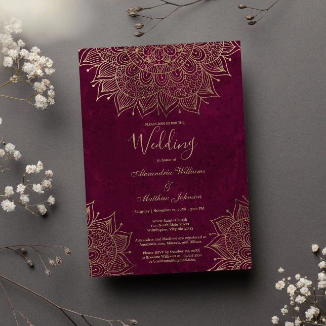 Vattenfärgburgundy guld blommigt mandala Bröllop Inbjudningar (Watercolor burgundy gold floral mandala Wedding )