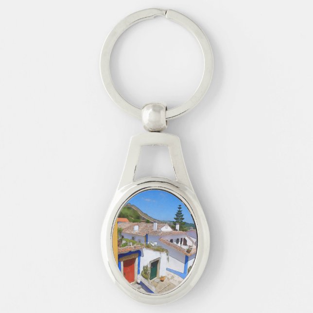 Vattenfärgby Ovalt Silverfärgad Nyckelring (Framsidan)