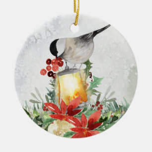 VattenfärgChickadee och lykta Julgransprydnad Keramik