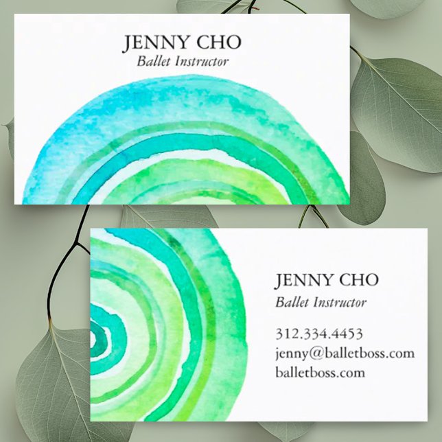 Vattenfärgcirklar Abstrakten Minimalistisk handgjo Visitkort (Custom business cards with hand painted green watercolor rings design.)