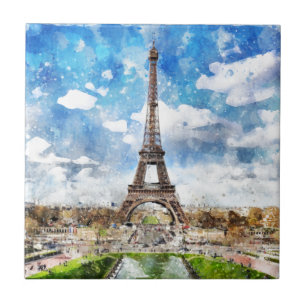 VattenfärgCityscape Paris, Eiffel in mot Kakelplatta