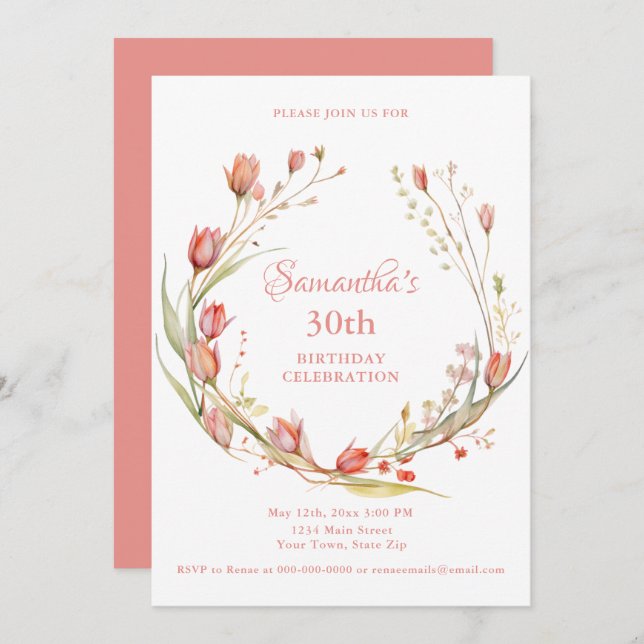VattenfärgCoral Tulips 30års födelsedag Party Inbjudningar (Fram/baksida)