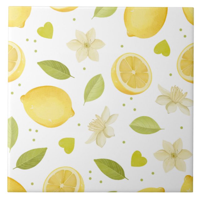 Vattenfärgdesign med citroner och blommor kakelplatta (Framsidan)