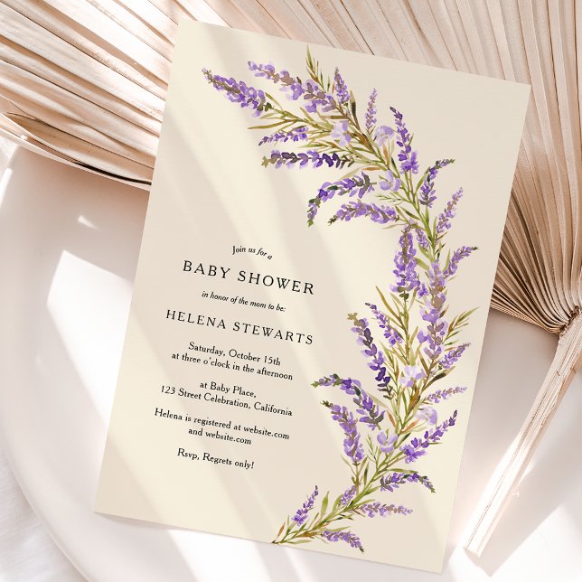 Vattenfärgdusch för Lavender Fall blommigt Inbjudningar (Lavender Fall floral watercolor baby shower Invitation on ivory)