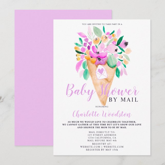 Vattenfärgdusch i blommigt glass per post i inbjudningar (Fram/baksida)