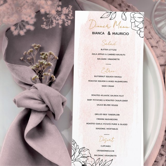  vattenfärgelegans med svart Blommigt Meny (Blush Watercolor Elegance with Black Floral Accent Menu)