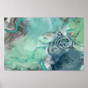 Vattenfärgen Aqua Ocean Octopus Poster