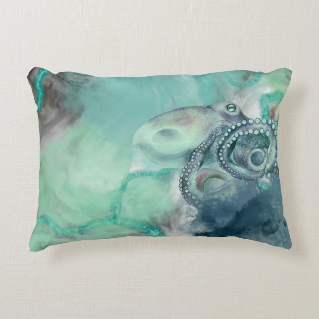 Vattenfärgen Aqua Ocean Octopus Prydnadskudde (Framsidan)