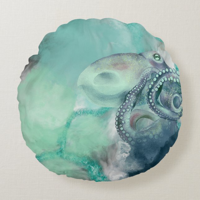 Vattenfärgen Aqua Ocean Octopus Rund Kudde (Framsidan)