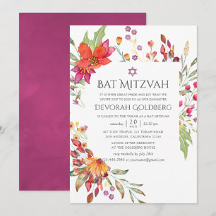 Vattenfärgen Aquarelle Vild Bat mitzvah blomma Inbjudningar