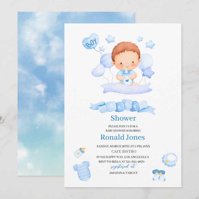 Vattenfärgen är Blue Boho Nursery Baby Showe Inbjudningar (Fram/baksida)