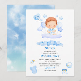 Vattenfärgen är Blue Boho Nursery Baby Showe Inbjudningar