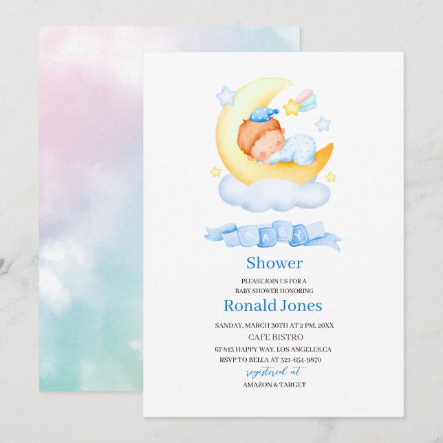 Vattenfärgen är Blue Boho Nursery Baby Showe Inbjudningar (Fram/baksida)