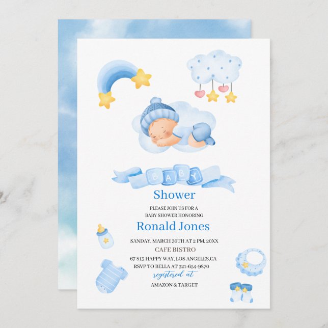 Vattenfärgen är Blue Boho Nursery Baby Showe Inbjudningar (Fram/baksida)