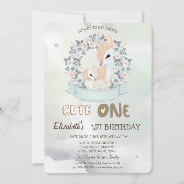 Vattenfärgen Baby Hjort Flower Ro Grönt 1:a Inbjudningar (Framsida)