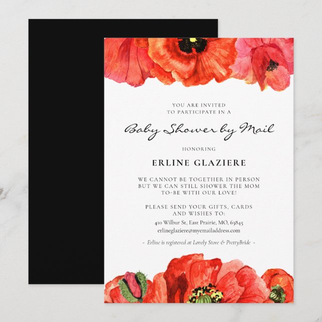 Vattenfärgen Baby Shower med röd poppie per post Inbjudningar (Fram/baksida)