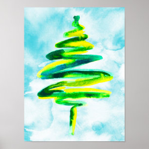Vattenfärgen Blått Julgran abstrakt Poster