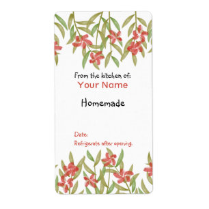 Vattenfärgen blommar från kök av röda etikette fraktsedel