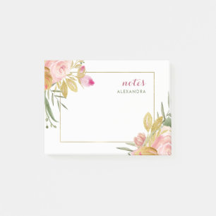 Vattenfärgen blommar rosor och guldblommigt på post-it block